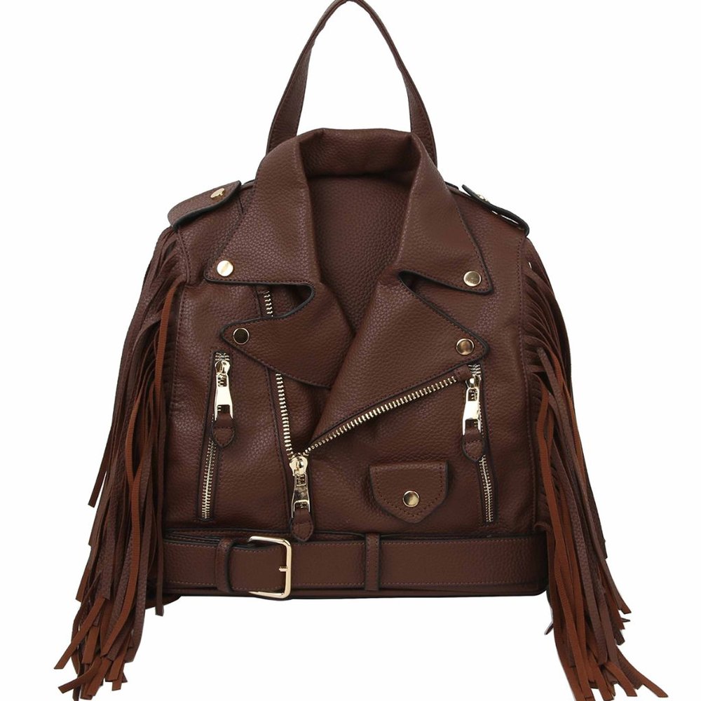Leatherette Bike Jacket Handbag / Backpack, Brown